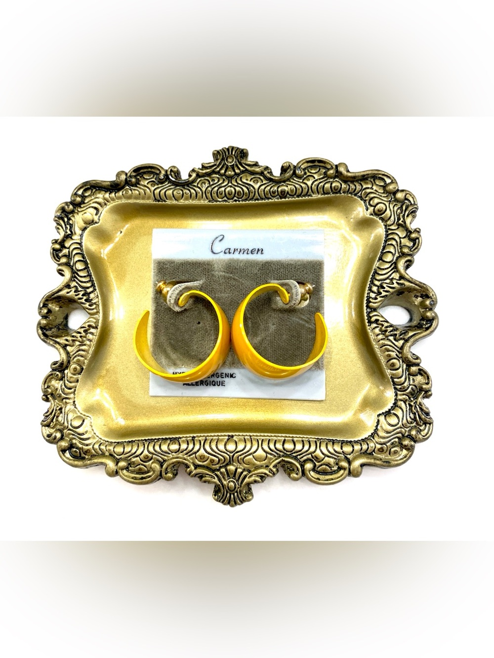 New Vintage Carmen Yellow Enamel Hoop Earrings Thick Tapered C-Hoop Pierced